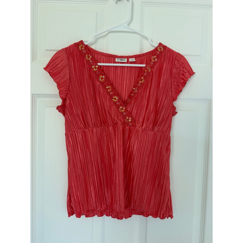 Y2K Cato Pleated Sequin Top Coral Shimmer Flutter Sleeve Fairycore Blouse S